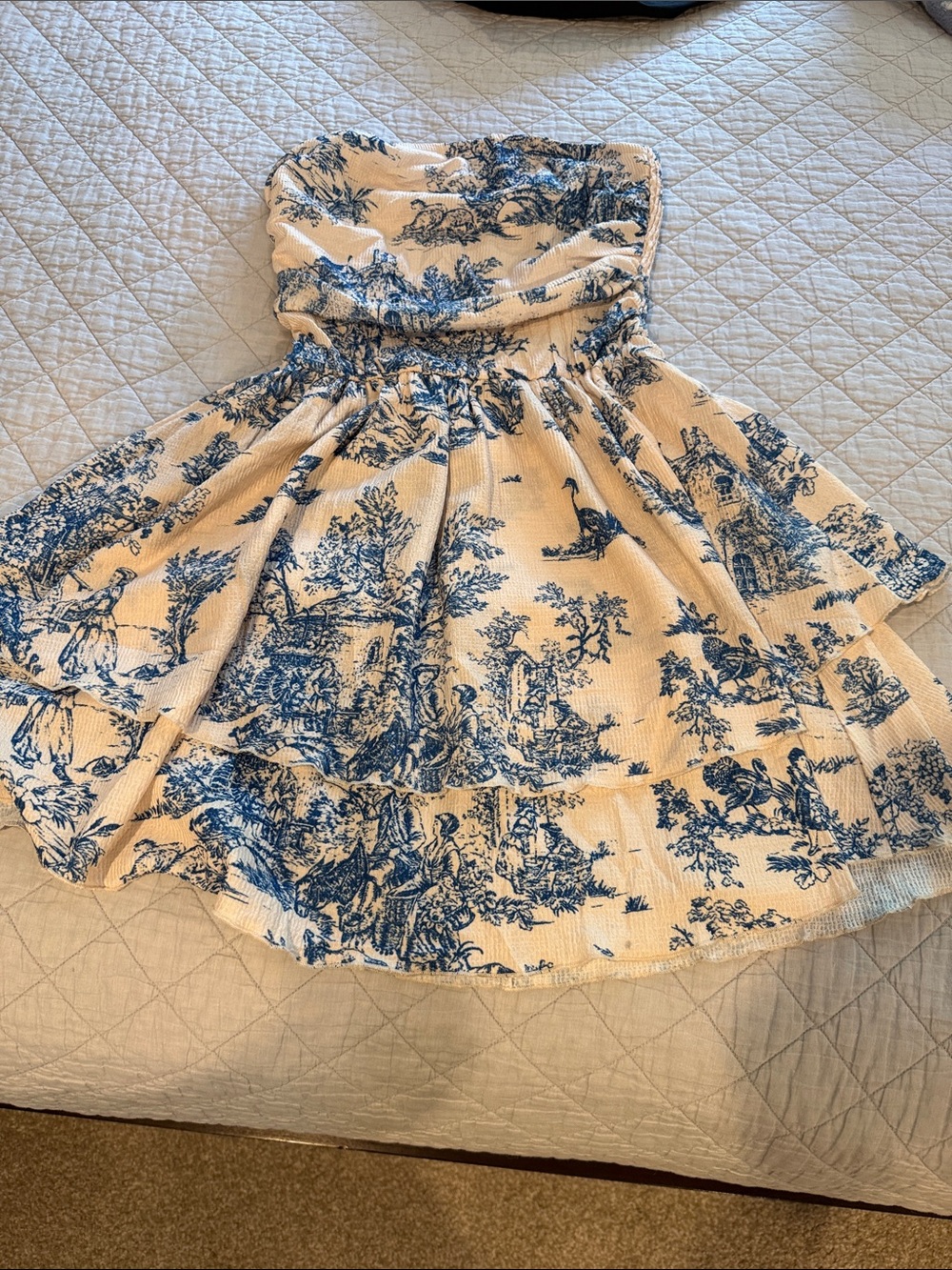 Cider Strapless Toile-Print Dress in Blue and Cream